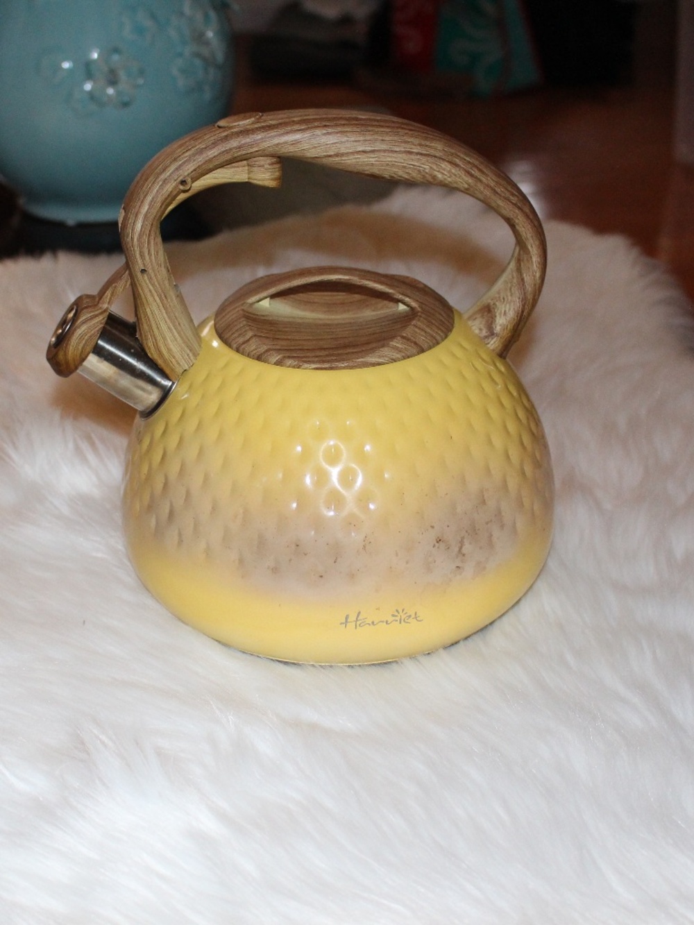 Harriet, Yellow Textured Whistling Teakettle with Wood-Grain Handle